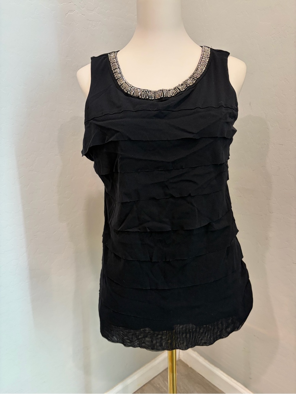 Alfani Black Beaded Scoop Neck Ruffle Sleeveless Top